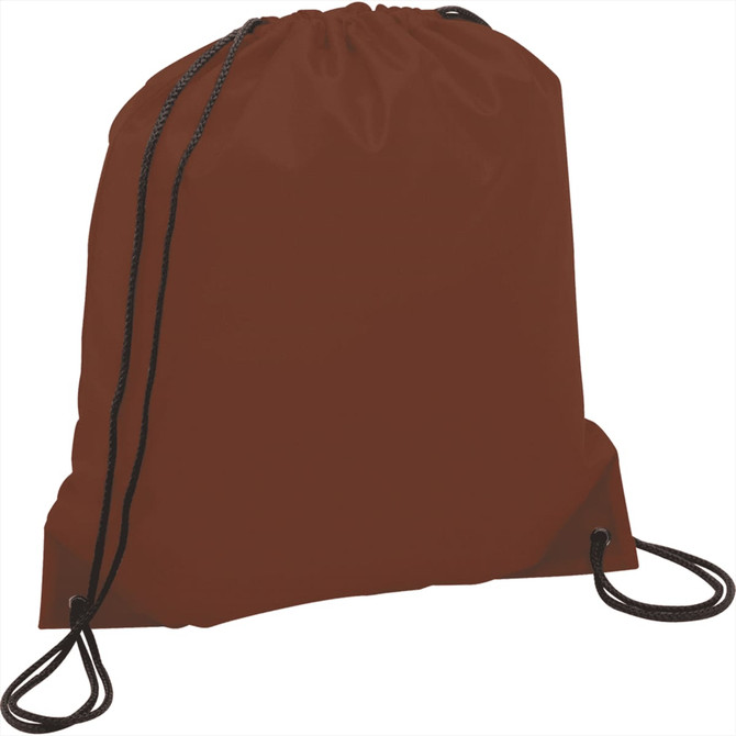 A brown drawstring sportspack with black cords, featuring a simple design and a logo.
