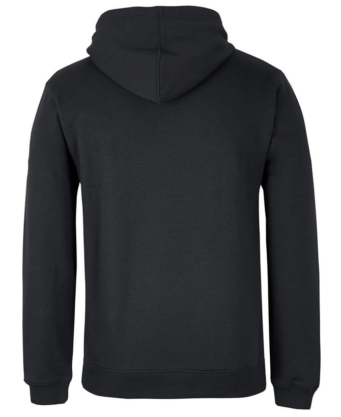 A black hoodie with a hood and long sleeves, featuring a branding logo. The back is smooth and simple in design.