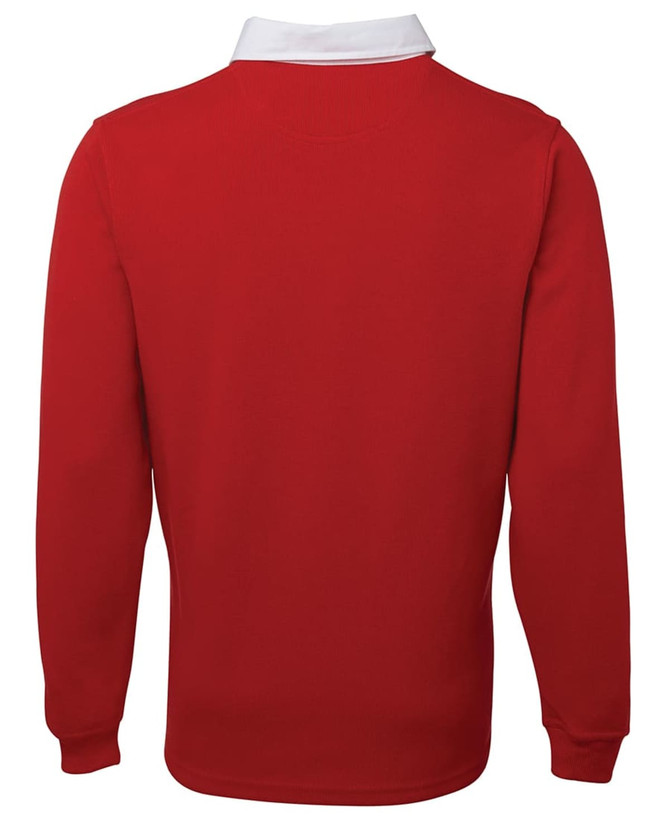 A red polo shirt with a white collar, featuring a logo on the front. The shirt has long sleeves and a classic fit.
