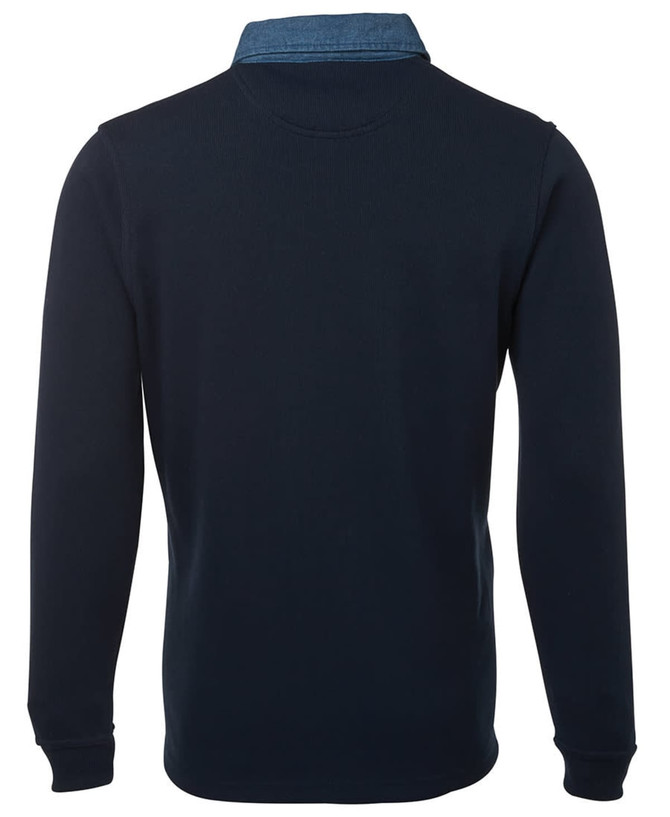 A dark navy polo shirt featuring a contrasting denim collar and long sleeves. It has a logo on the chest.