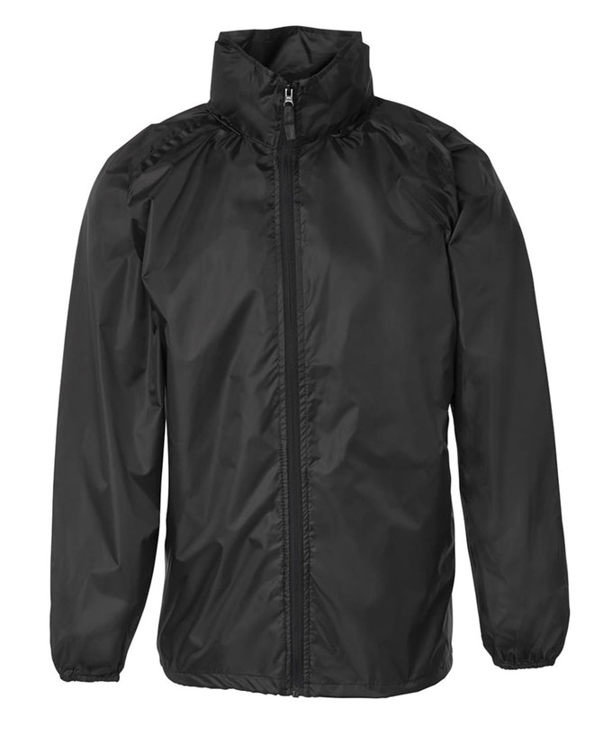 A black rain jacket with a zip front and a high collar. It features elastic cuffs and a branding logo.