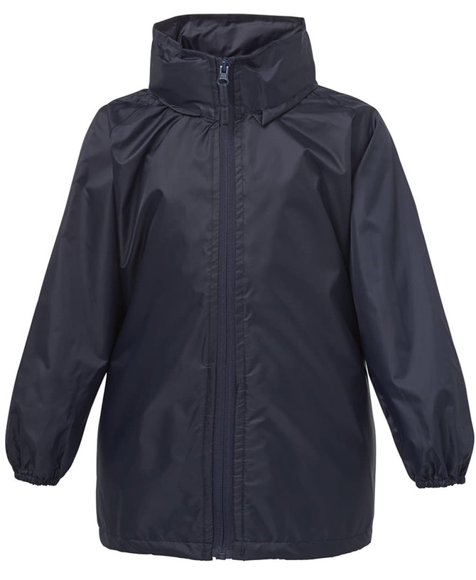 A navy rain jacket featuring a zip front, elastic cuffs, and a hood, with a logo on the chest.