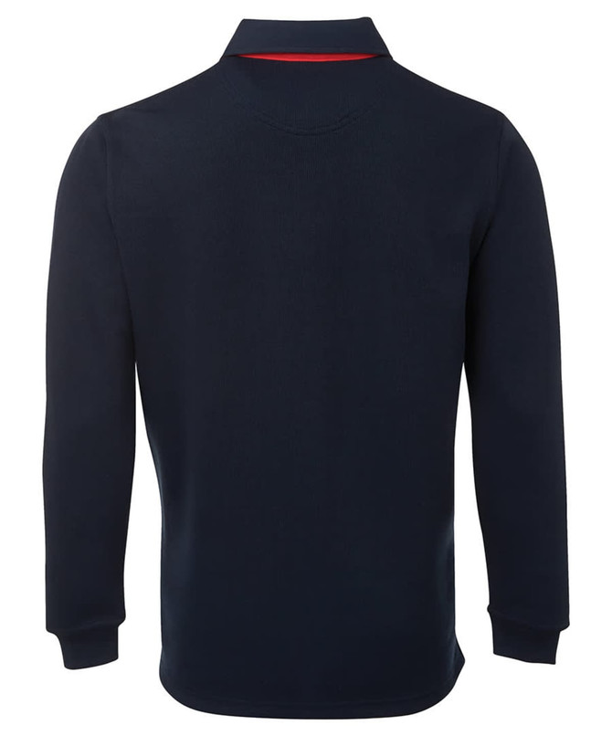 A navy two-tone rugby shirt featuring a red collar, long sleeves, and a simple design with a logo.