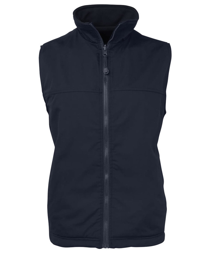 A navy blue reversible vest featuring a high collar and zip closure, with a simple design and no sleeves.