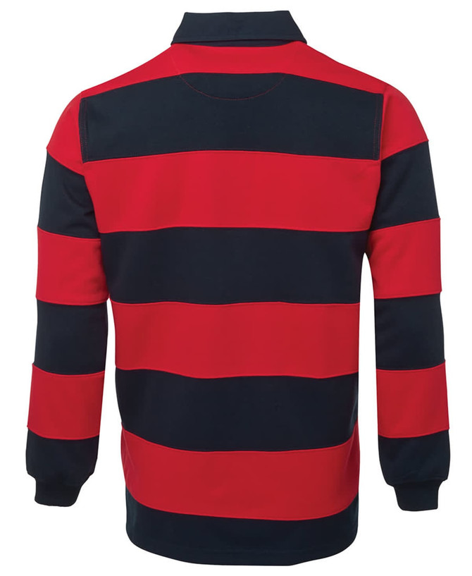 A rugby shirt featuring navy and red horizontal stripes, with a collar and long sleeves. It has a logo on the side.