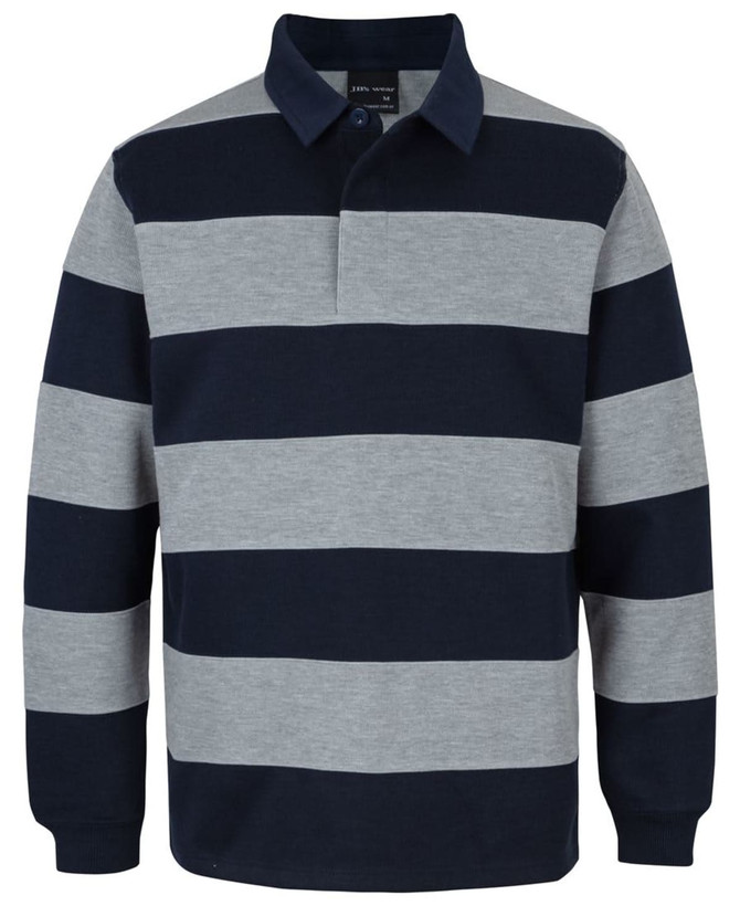 A rugby shirt featuring navy and grey horizontal stripes, with a buttoned collar and long sleeves. It has a logo.