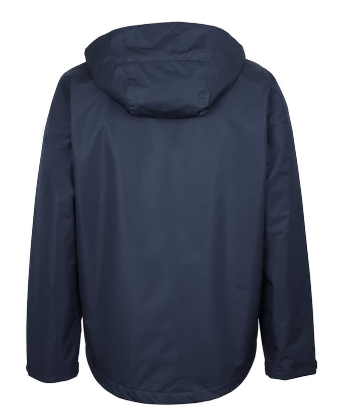 A navy rain jacket with a hood and a logo on the back, designed for protection against the elements.
