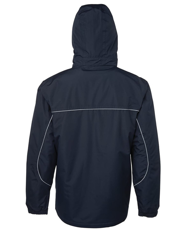 A navy rain jacket featuring a hood and contrasting piping. The back view displays a clean design with a logo.