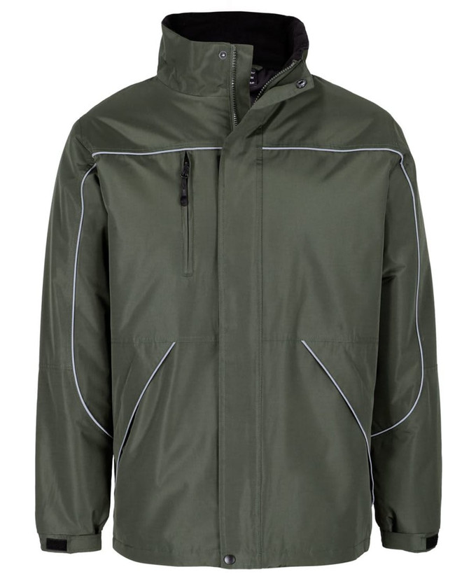 A green rain jacket featuring contrasting white piping and a high collar, with a front pocket and zip closure.