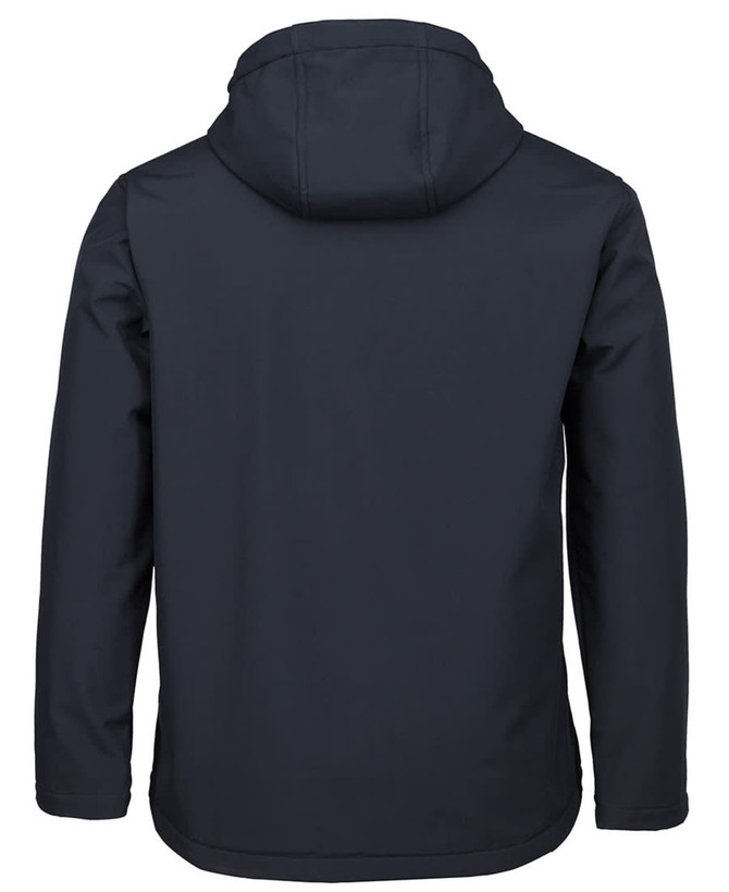 A dark navy three-layer hooded softshell jacket with a simple design and a hood. It features a branding logo.