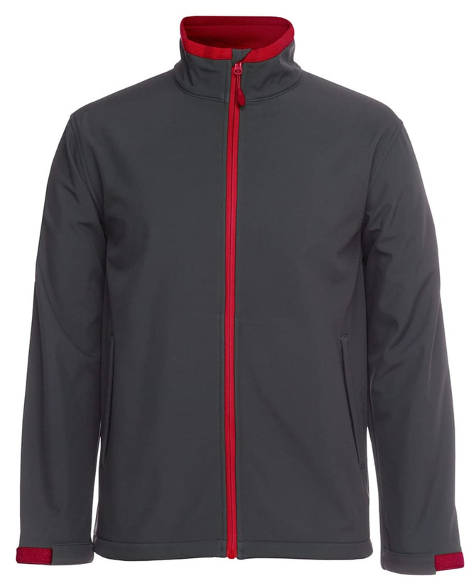 A soft shell jacket featuring a grey outer with a red zip and inner lining. It has a logo on one side.