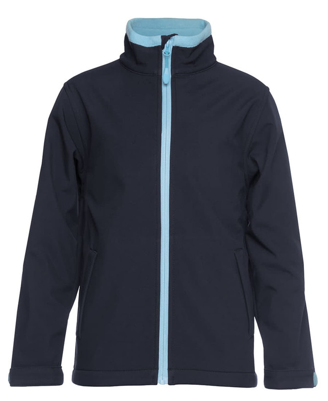 A soft shell jacket in navy blue with a light blue zipper and inner lining, featuring a logo on the chest.