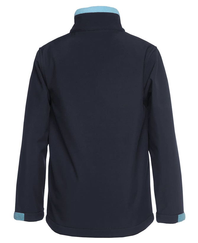 A dark navy soft shell jacket featuring a light blue collar and cuffs, with a small logo on the back.