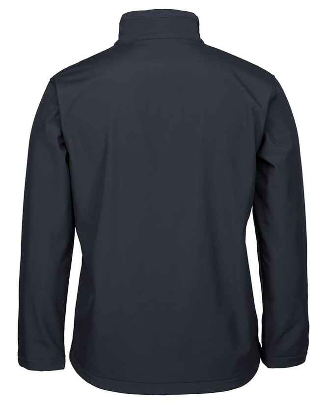 A soft shell jacket in dark navy, featuring a collar and long sleeves. It has a logo on the back.