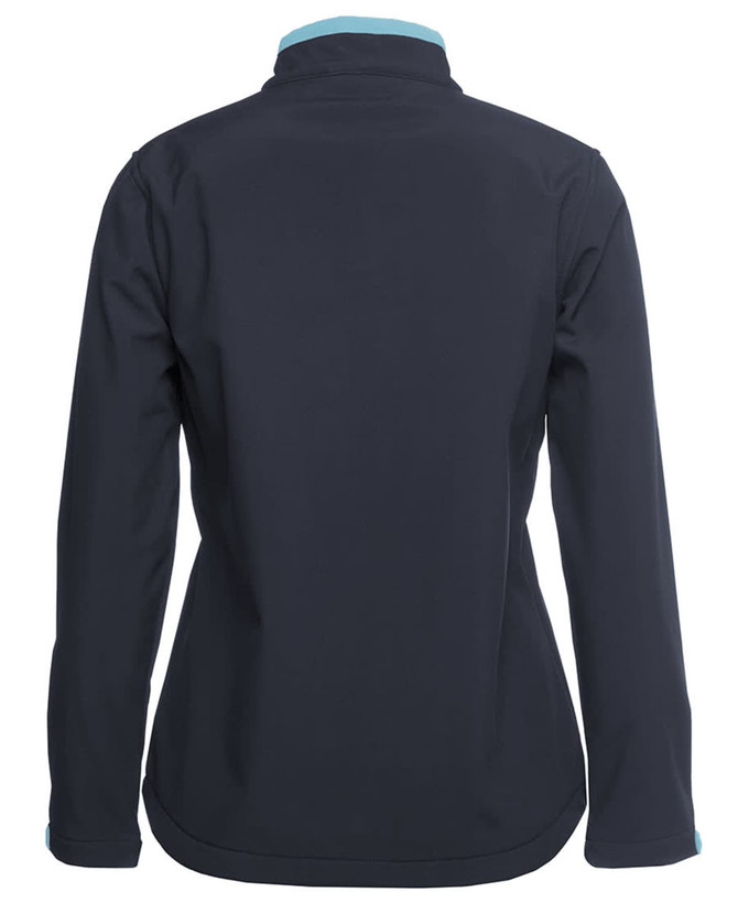 A black three-layer softshell jacket with a turquoise collar and an unadorned back.