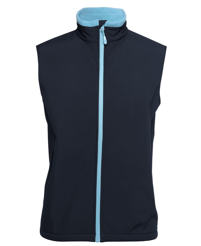 A navy three-layer softshell vest with a light blue collar and zip. Features a branded logo.