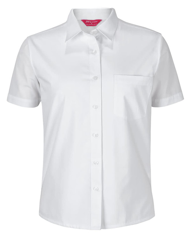 A white button-up shirt with short sleeves and a chest pocket, featuring a logo.