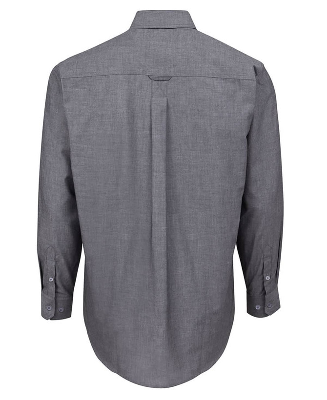 A long-sleeved light blue button-up shirt with a back yoke and a logo. Plain design with buttoned cuffs.