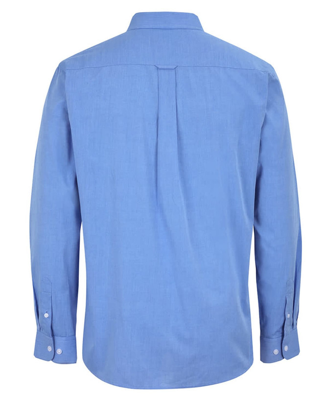 A light blue long-sleeve button-up shirt with a back pleat and button cuffs, featuring a logo.