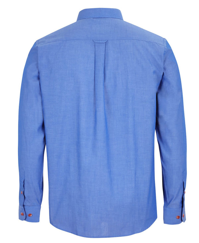A long-sleeve indigo chambray shirt featuring a back pleat and buttoned cuffs. The shirt has a logo.