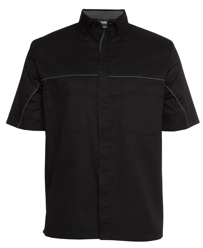 A black and charcoal button-up shirt featuring two front pockets and contrast stitching, with a logo on the collar.