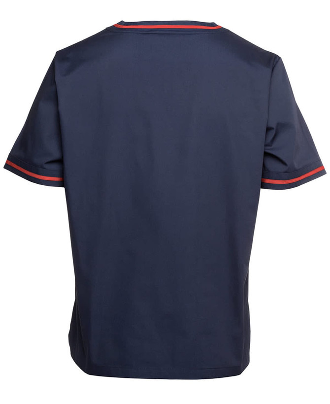 Unisex scrubs top in navy blue with contrasting red stripes on the sleeves. Features a logo on the back.