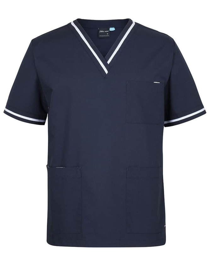 Navy unisex scrub top featuring a V-neck, contrast trim, and multiple pockets. Includes a logo on the chest.
