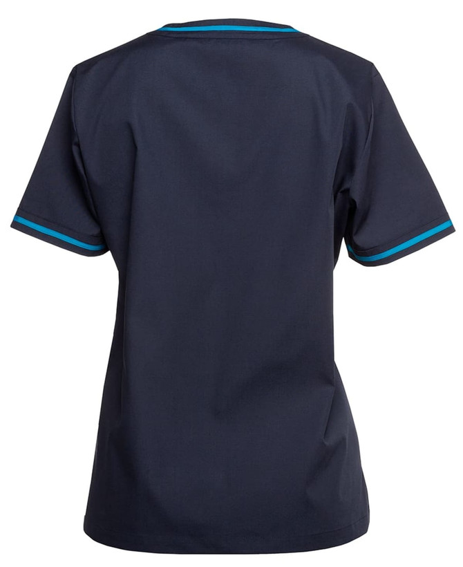 A navy scrub top featuring short sleeves and contrasting blue trim, with a logo on the back.