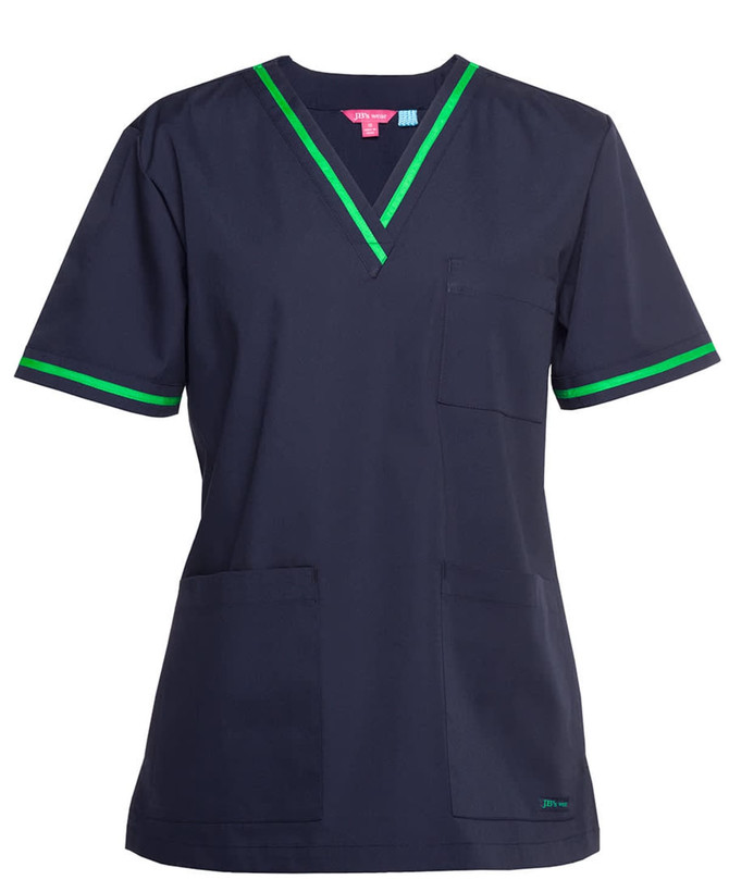 A navy scrubs top with green contrast trim, featuring a V-neck and front pockets. Includes a logo on the design.