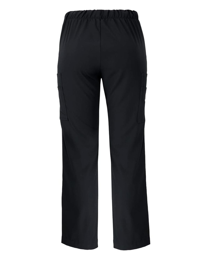 Black cargo pants with an elastic waistband and side pockets, featuring a simple design and a logo.