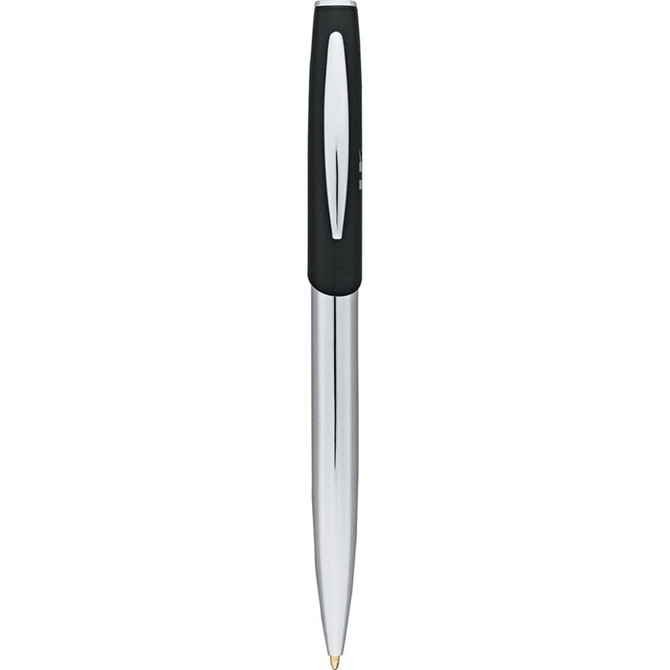 A sleek metal ballpoint pen in chrome and black with a stylish design and a logo on the barrel.