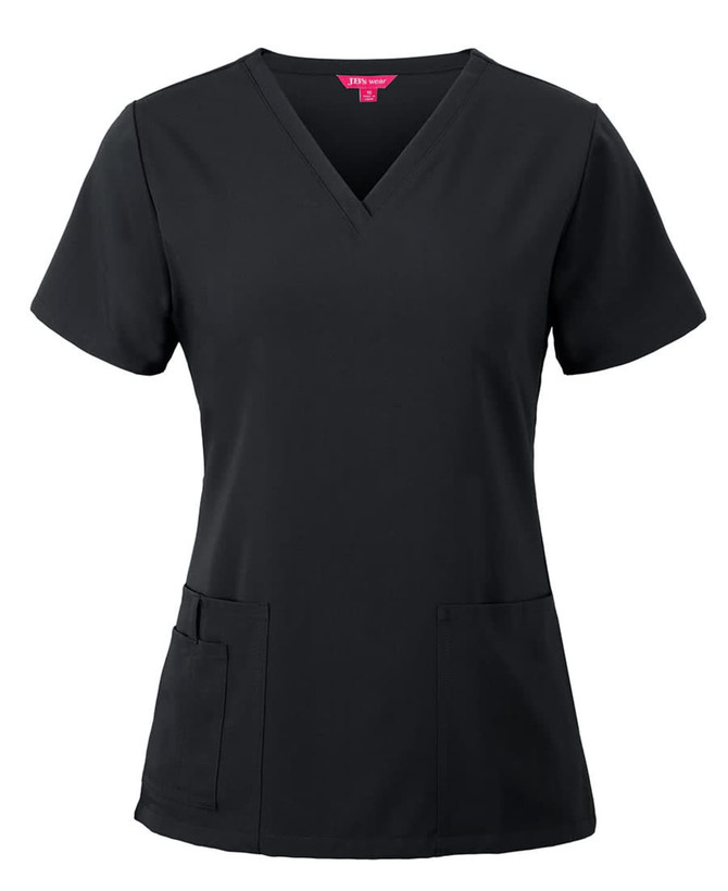 A black ladies scrub top featuring a V-neck design and two front pockets, with a logo present.