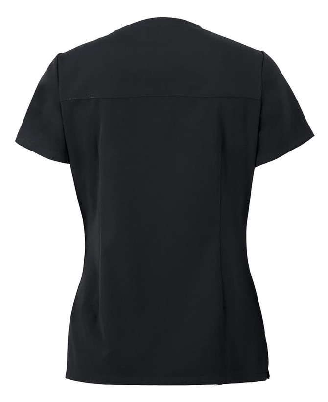 A black ladies scrub top with short sleeves and a simple design, featuring a logo on the back.