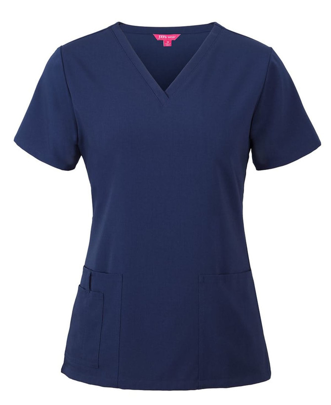 A navy blue women's scrub top featuring a V-neck design and pockets, with a branding logo.