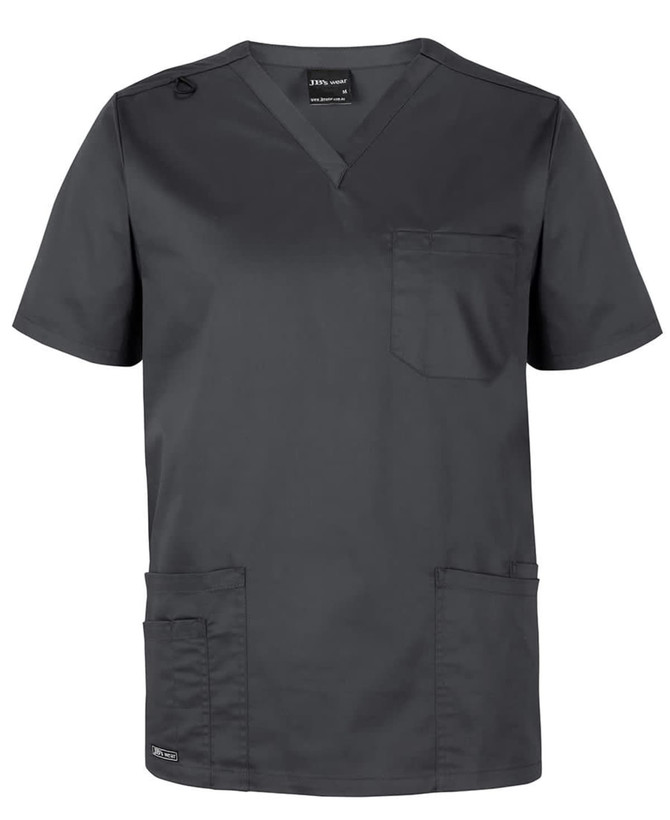 A grey unisex premium scrub top with short sleeves and a pocket. Features a logo on the side.