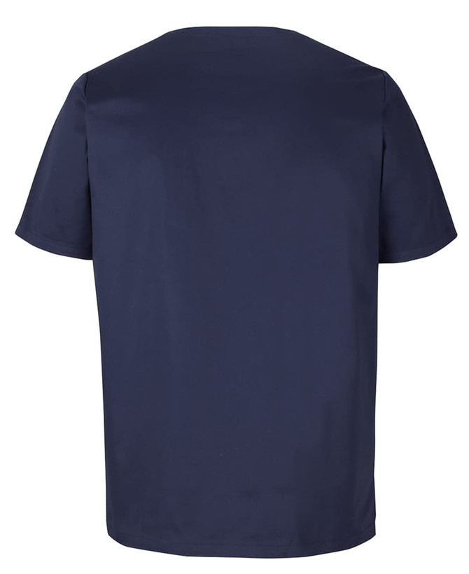 A navy unisex scrub top with a round neckline and short sleeves, featuring a simple design and a logo.