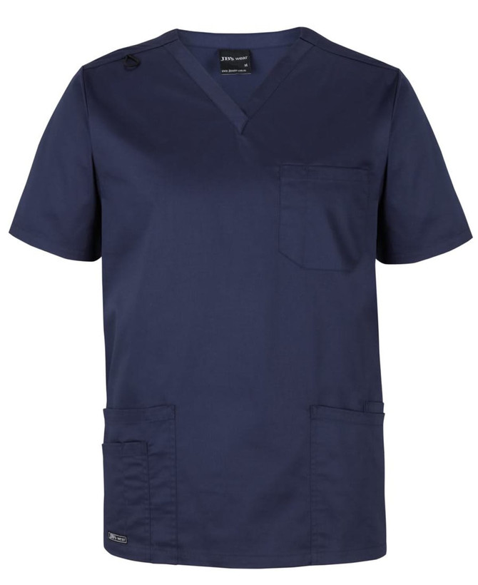 A navy blue unisex premium scrub top featuring short sleeves and multiple pockets, with a logo on the side.