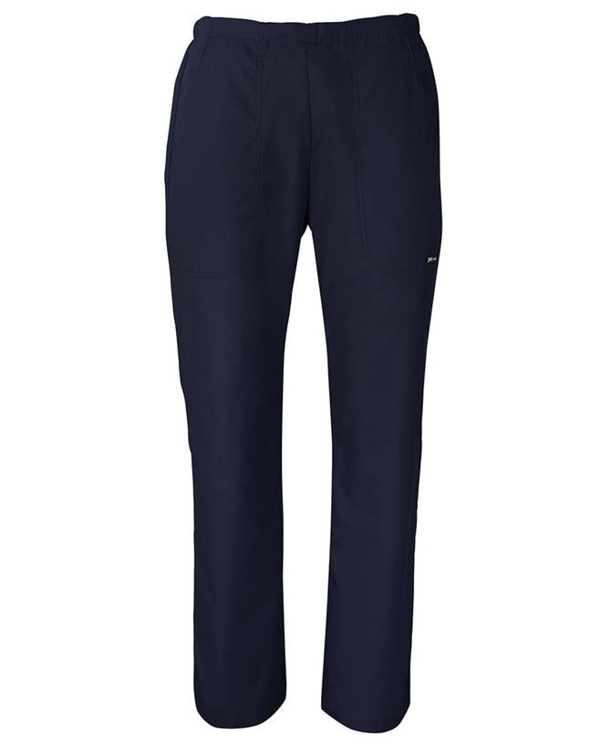 Navy blue ladies scrubs pants with an elastic waistband and pockets, featuring a logo on the side.