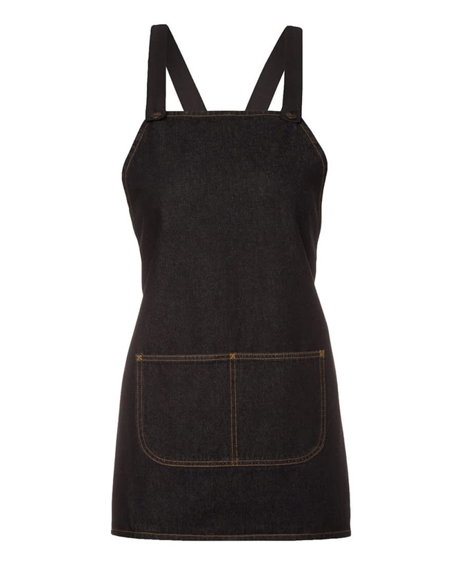 A black denim bib apron featuring a cross-back design and a front pocket. Includes a logo on the fabric.