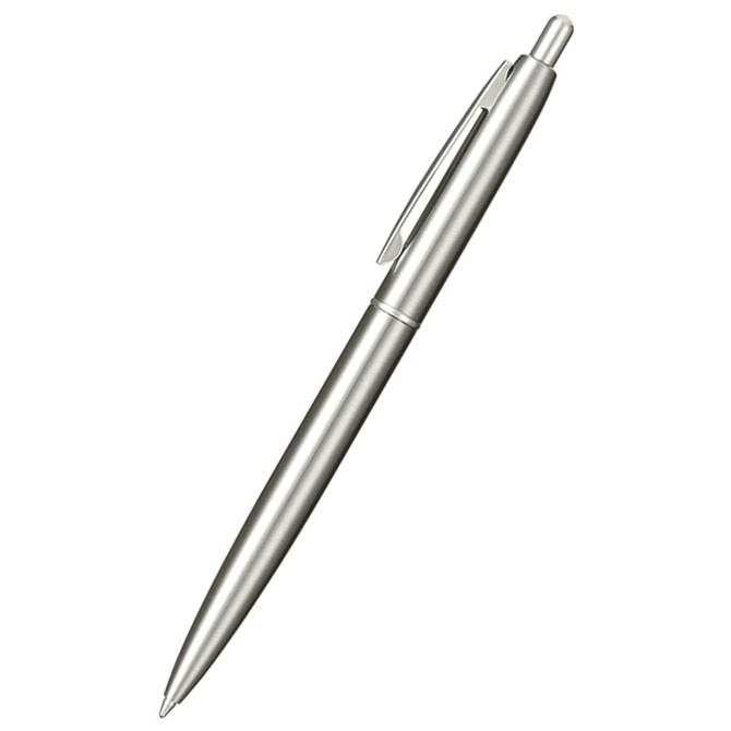 A silver recycled stainless steel ballpoint pen with a sleek design and a clip for attachment.