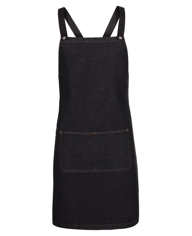 A black denim cross back apron featuring a front pocket and adjustable straps. It has a simple logo detail.