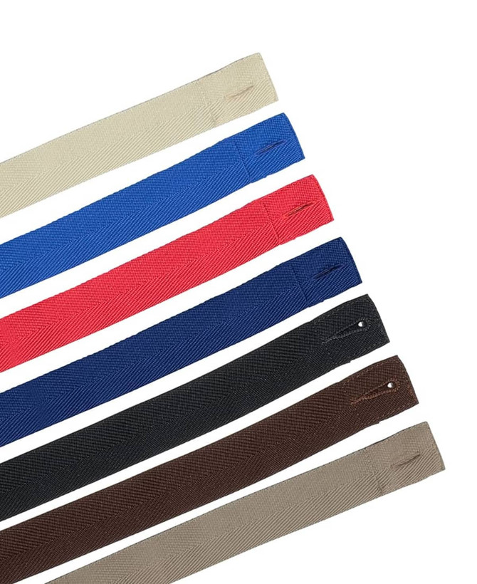A selection of changeable cross back apron straps in beige, blue, red, black, and brown.