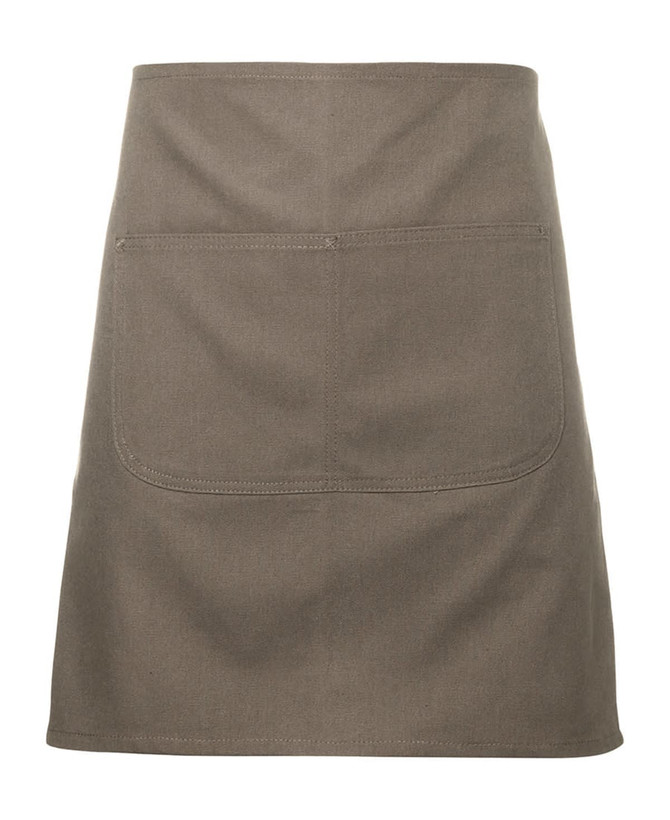 A green canvas waist apron featuring a large front pocket and a strap, designed for workwear.