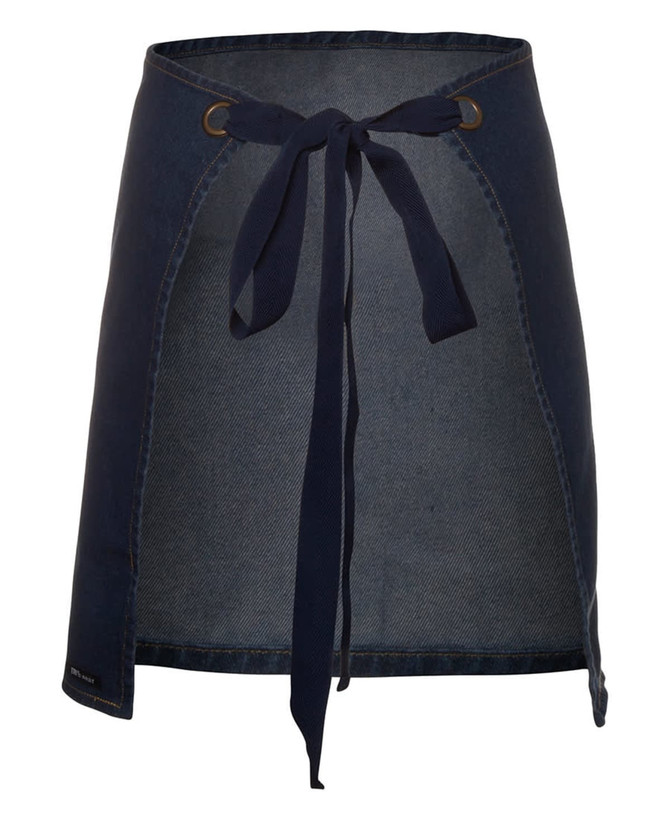 A denim waist apron in dark blue featuring a tie strap and an incorporated logo.