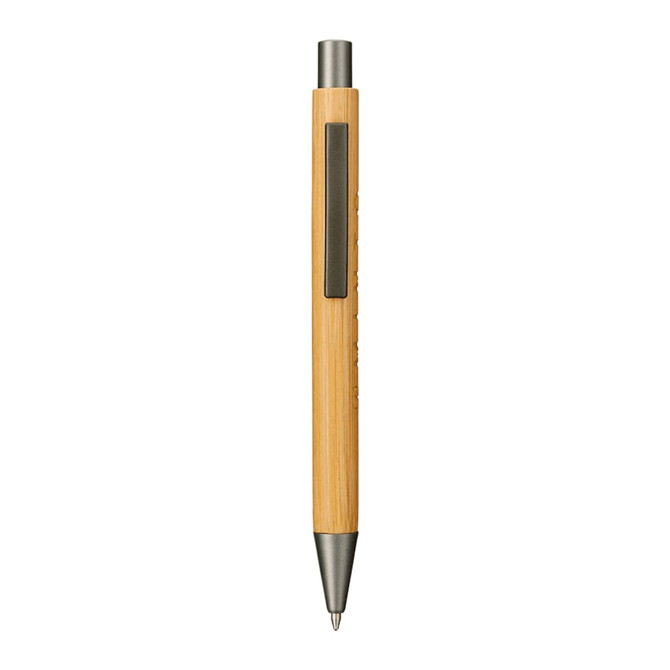 A bamboo ballpoint pen with a silver tip, featuring a sleek design and a clip on one side.