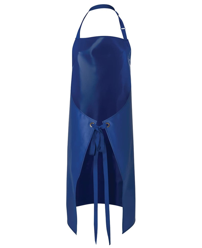 A blue vinyl bib apron featuring an adjustable neck strap and tie fastening, with a logo on the front.