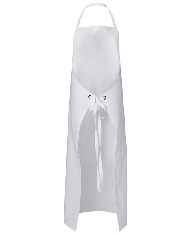 A white vinyl apron with adjustable straps and a tie closure, featuring an eyelet design.