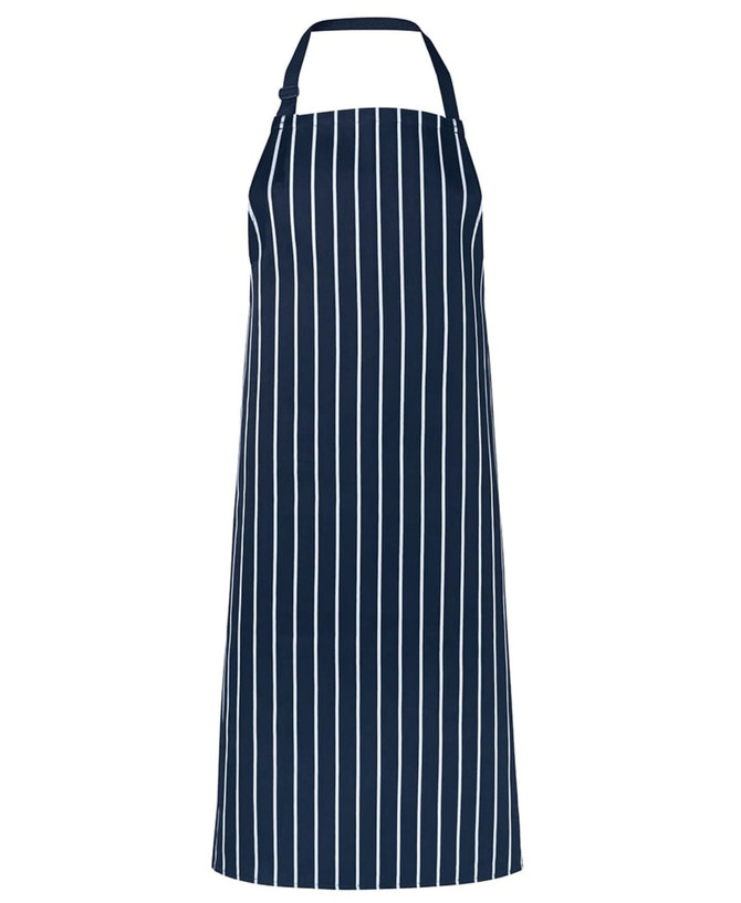 A navy blue striped apron without a pocket, featuring a halter neck and an adjustable strap.