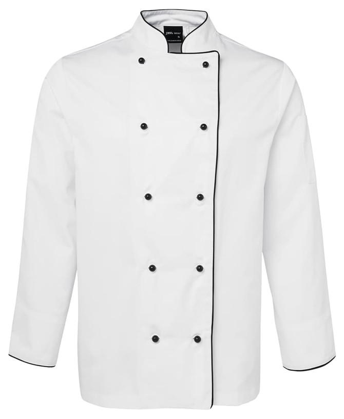 A white chef's jacket featuring black piping and buttons, designed for chefs with long sleeves.
