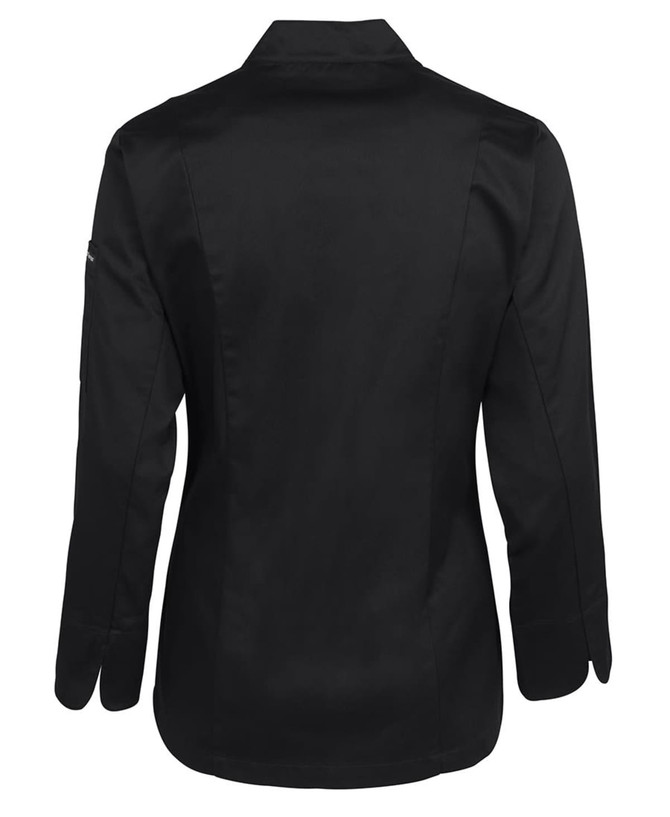A black ladies' long-sleeve chef's jacket with a sleek design, featuring a collar and a logo on the sleeve.